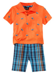 Infant Boys 2-Piece Orange Polo T-Shirt & Blue Plaid Short Set
