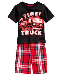 Infant Boys 2-Piece Black Fire Truck T-Shirt & Red Plaid Short Set
