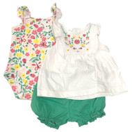 Carters Infant Girls 3 Pc Summer Outfit Floral Top Bodysuit & Green Shorts