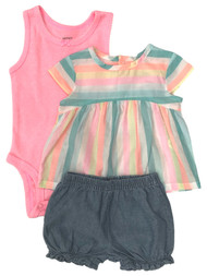 Carters Infant Girls 3 Pc Pastel Stripe Shirt Bodysuit & Denim Shorts Outfit