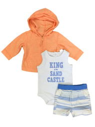 Infant Boys Baby Outfit Orange Hoodie Sand Castle Bodysuit & Striped Shorts Set