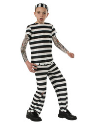 Boys Convict Prisoner Halloween Costume Shirt Pants Hat and Tattoo Sleeves