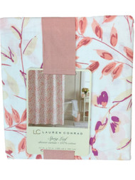 Lauren Conrad Coral & Pink Sprig Leaf Cotton Shower Curtain Botanical Bath Decor