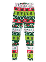 Junior Womens Green Snowman Snowflake & Skull Print Christmas Holiday Leggings