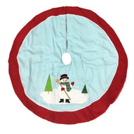 Blue & Red Felt Christmans Tree Skirt With Holiday Snowman Broom & Snowflakes