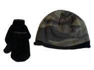 Faded Glory Toddler Boys Green Cammo Beanie & Mittens Knit Hat Set