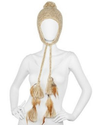 Womens Tan Knit Trapper Hat Pom Top & Braided Peruvian Feather Tassels