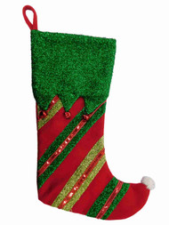 Red & Green Glitter Elf Style Christmas Holiday Stocking With Bells