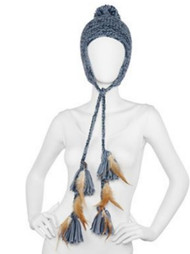 Womens Blue Knit Trapper Hat Pom Top & Braided Peruvian Feather Tassels