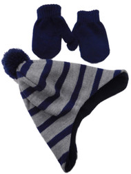 Toddler boys Gray & Navy Striped Trapper Hat & Mittens Set