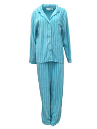 Womens Aqua Blue Stripes Fleece Pajamas PJs Set Sleep Set