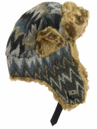 Womens Grey Navy Black Dark Blue & White Zig Zag With Faux Fur Trapper Hat