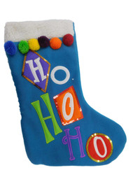 Embellished Blue Felt Ho Ho Ho Pom Pom Christmas Holiday Stocking