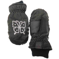Girls Black Rhinestone Butterfly Ski Mittens Thinsulate Lined Small
