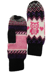 Girls Pink & Black Knit Owl Mittens Cross Stitched Pattern 4-7