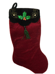 Embellished Red & Green Velvet Beadded Hollyy Christmas Holiday Stocking