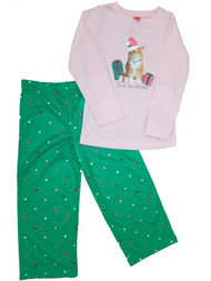 Girls Pink Kitten & Santa Cat Christmas Pajamas Polka Dot Holiday Sleep Set