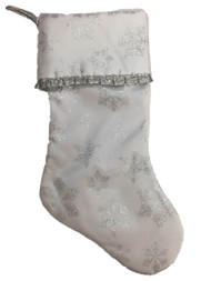 White Glitter Satin Snowflake Christmas Holiday Stocking With Ruffle