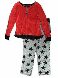 Womens Gray & Red Pajamas Black Stars Fleece Snap Button Top Sleep Set