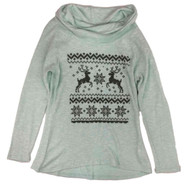 Junior Womens Blue Lightweight Green Cowl Neck Holiday Sweater Reindeer Shirt