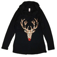 Junior Womens Black Lightweight Green Cowl Neck Holiday Sweater Reindeer Shirt