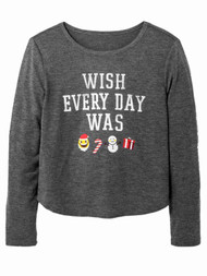 Girls Gray Wish Everyday Was Christmas Shirt Holiday Santa Emoji T-Shirt