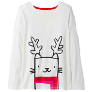 Girls White Reindeer Cat Holiday Shirt Long Sleeve Christmas T-Shirt