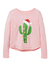 Girls Pink Santa Claus Cactus Christmas Tree Shirt Holiday T-Shirt