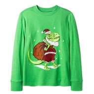 Boys Green T-Rex Dinosaur Santa Claus Christmas Holiday Long Sleeve Shirt
