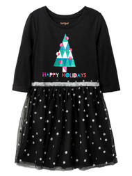 Girls Gray Black & Silver Sparkle Happy Holidays Tulle Christmas Tree Dress