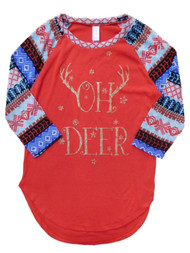 Junior Womens Red Glitter Oh Deer Reindeer Shirt Holiday Christmas Tee