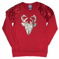 Junior Womens Red & Gold Sequin Reindeer Shirt Lightweight Sweatshirt