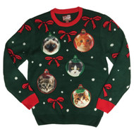 Mens Green/Red Christmas Cats Kitten Ornaments Holiday Party Sweater