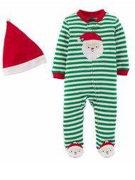 Carters Infant Boys Green Stripe Santa Claus Christmas Sleeper Pajamas & Hat
