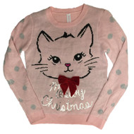 Junior Womens Pink Kitty Cat Meowy Christmas Holiday Sweater Sequin Kitten