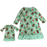 Toddler Girls Green Fleece Gingerbread Man Nightgown & Baby Doll Gown Set