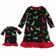 Toddler Girls Black Fleece Puppy Dog Holiday Nightgown & Baby Doll Gown Set