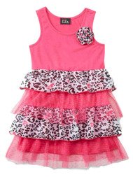 Little Girls Pink & Black Leopard Print Ruffled Tiered Sleeveless Sun Dress