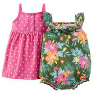 Carters Infant Girls Khaki Floral & Pink Polka Dot 3 Piece Dress & Sunsuit Set
