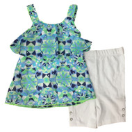Infant & Toddler Girls Blue Geometric Floral Outfit Ruffle Shirt & Shorts Set