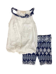 Infant Girls Blue & White Floral Geometric Baby Outfit Eyelet Shirt & Shorts Set