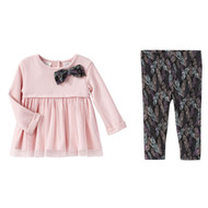 Infant Girls Pink Bows & Feathers Baby Outfit Shirt & Leggings Set