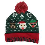 Womens Green Sparkle Squad Goals Beanie Santa Elf Reindeer Pom Hat Stocking Cap