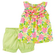 Infant Girls Green & Pink Floral Baby Outfit Shirt & Shorts Set