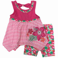 Little Girls Pink Hibiscus Stripe Floral Shirt & Leggings Set 2 Pc Hawaii Outfit