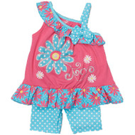 Little Girls Pink & Blue Daisy Floral Shirt & Leggings Set 2 Pc Polka Dot Outfit
