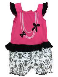Infant Girls Baby Romper Pink & Black Pearls & Ribbons Bodysuit Creeper