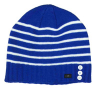 Womens Blue & White Stripe Button Beanie Hat Knit Active Stocking Cap