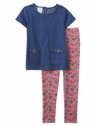 Toddler & Little Girls Denim Shirt & Pink Floral Legging Pants Outfit