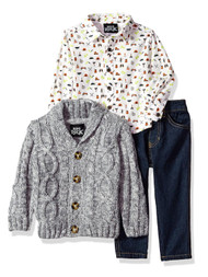 Infant & Toddler Boys 3-Piece Gray Cardigan Woven Shirt & Denim Pant Set